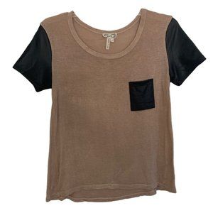 Brown Tee With Black Leather Pocket and Sleeves